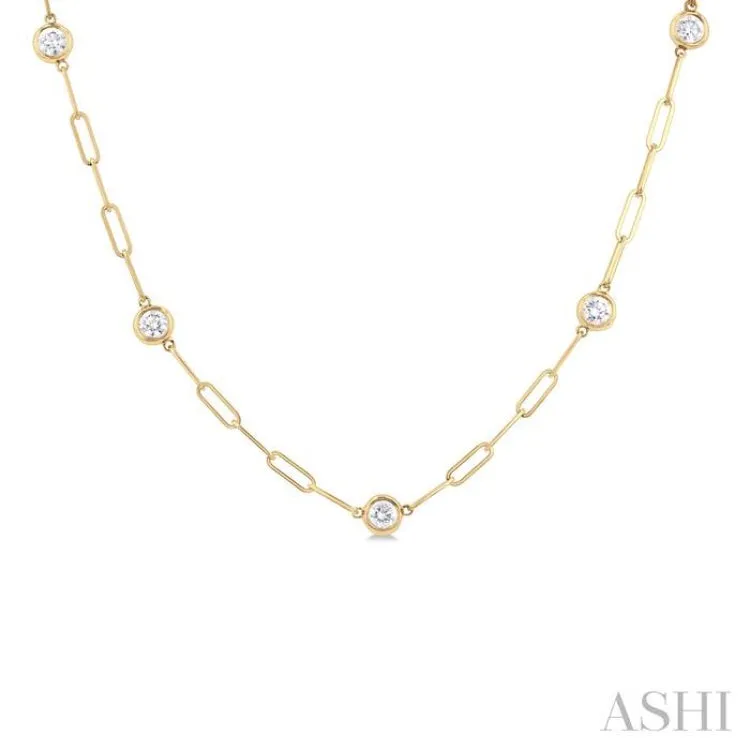 1 ctw Bezel Set Round Cut Diamond Paper Clip Station Necklace in 14K Yellow Gold