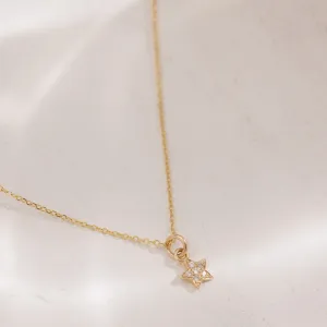 14k Solid Gold Tiny Diamond Star Necklace