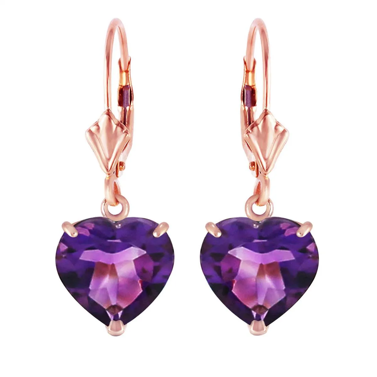 14K Solid Rose Gold Leverback Earrings Natural 10mm Heart Amethysts