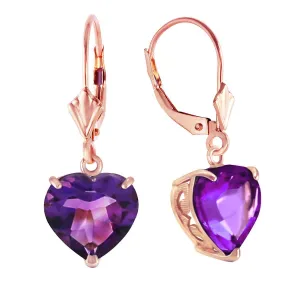 14K Solid Rose Gold Leverback Earrings Natural 10mm Heart Amethysts