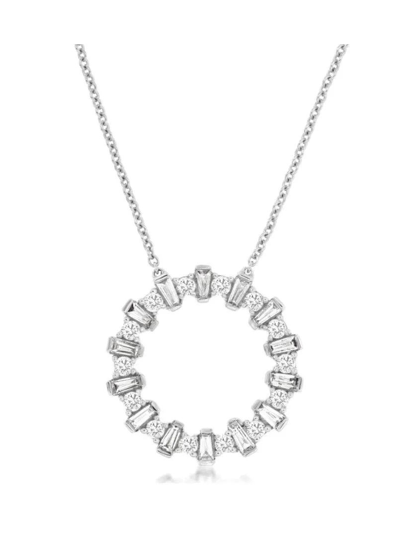 14k white gold circle baguette/round diamond 18" necklace