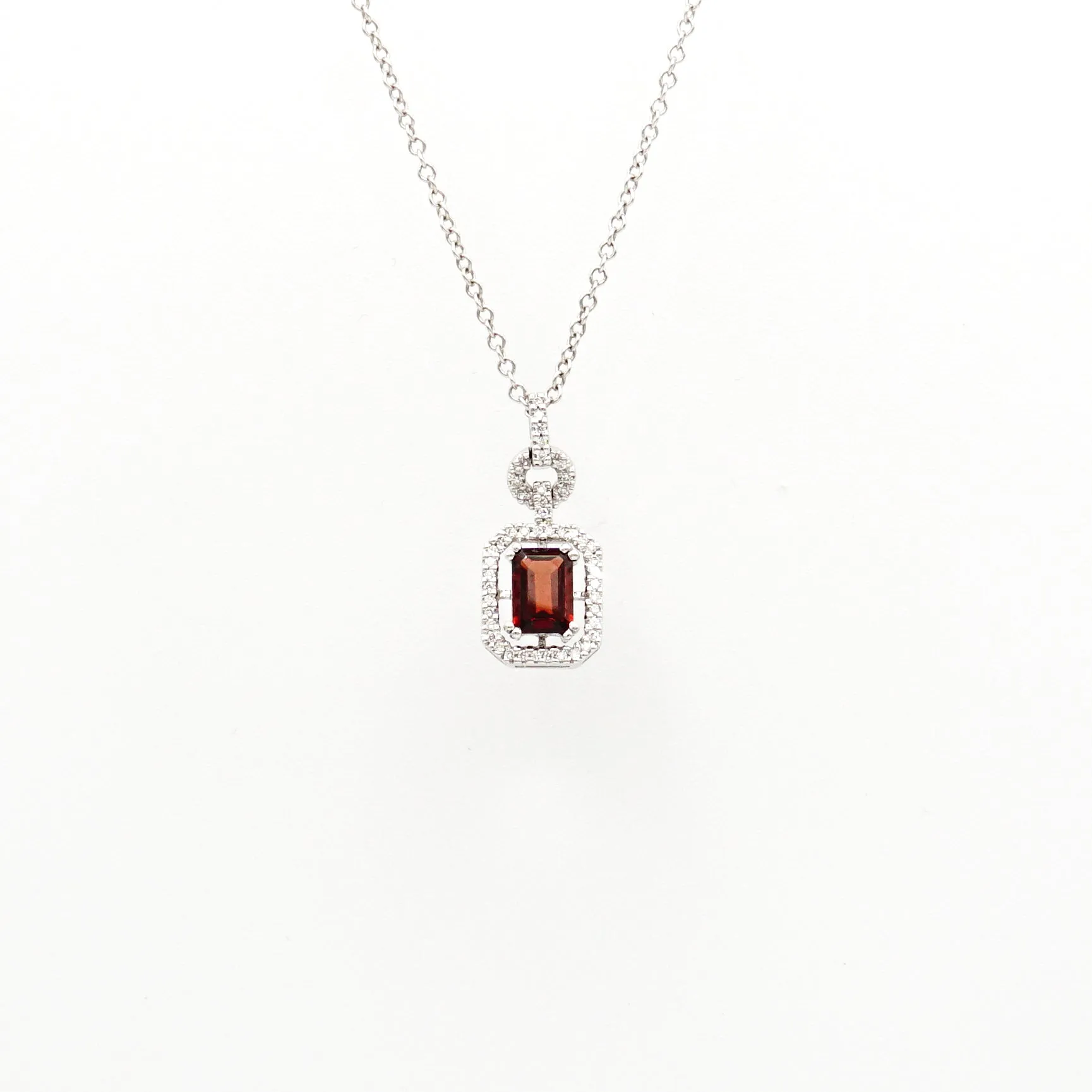 14K White Gold Garnet and Diamond Pendant with Gold Necklace