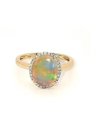 14k Yellow Gold 1.40 Ct Opal, 0.12 ct Diamond Ring