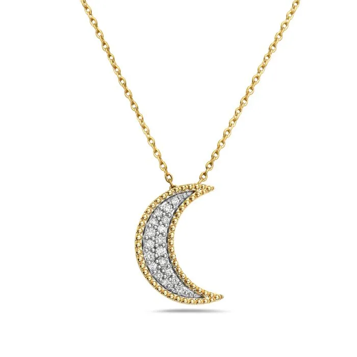 14K Yellow Gold And Diamond Moon Necklace