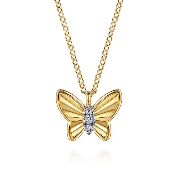 14K Yellow Gold Butterfly Necklace With Diamond Cut Finish And Graduating Diamonds