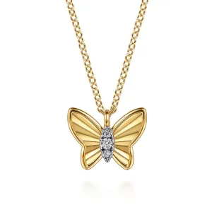 14K Yellow Gold Butterfly Necklace With Diamond Cut Finish And Graduating Diamonds