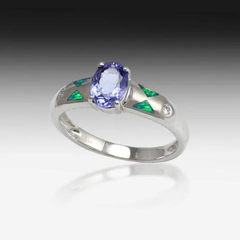 14kt White Gold ring with Tanzanite, Diamonds and Opal