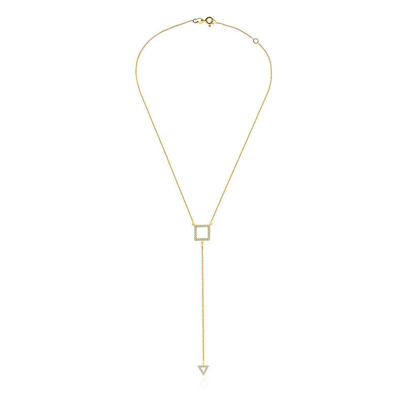 18k Gold Hollow Square Dangling Diamond Necklace