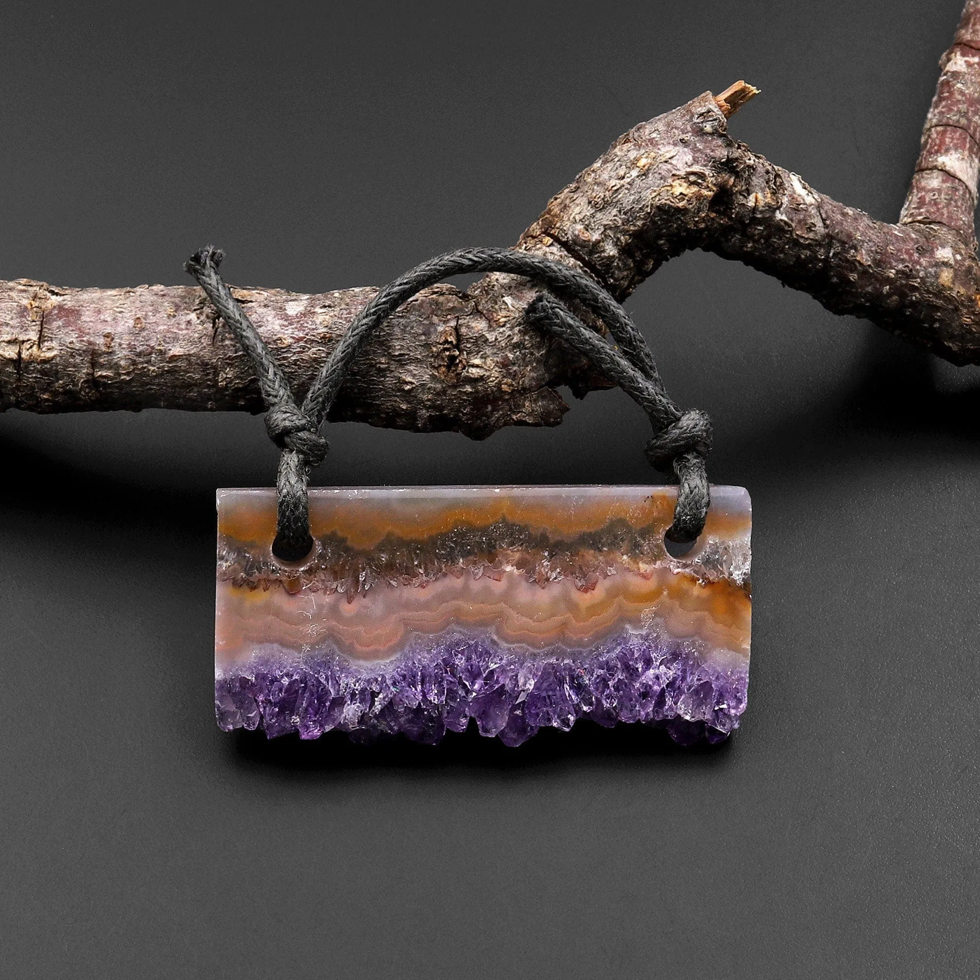 2 Hole Pendant Natural Bright Orange Purple Amethyst Stalactite Druzy Pendant Drilled Flat Slice Long Rectangle A1