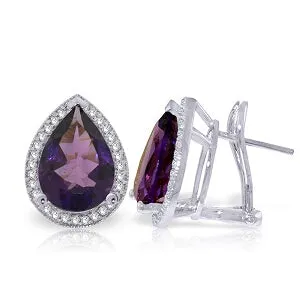 6.82 Carat 14K Solid White Gold French Clips Earrings Diamond Amethyst