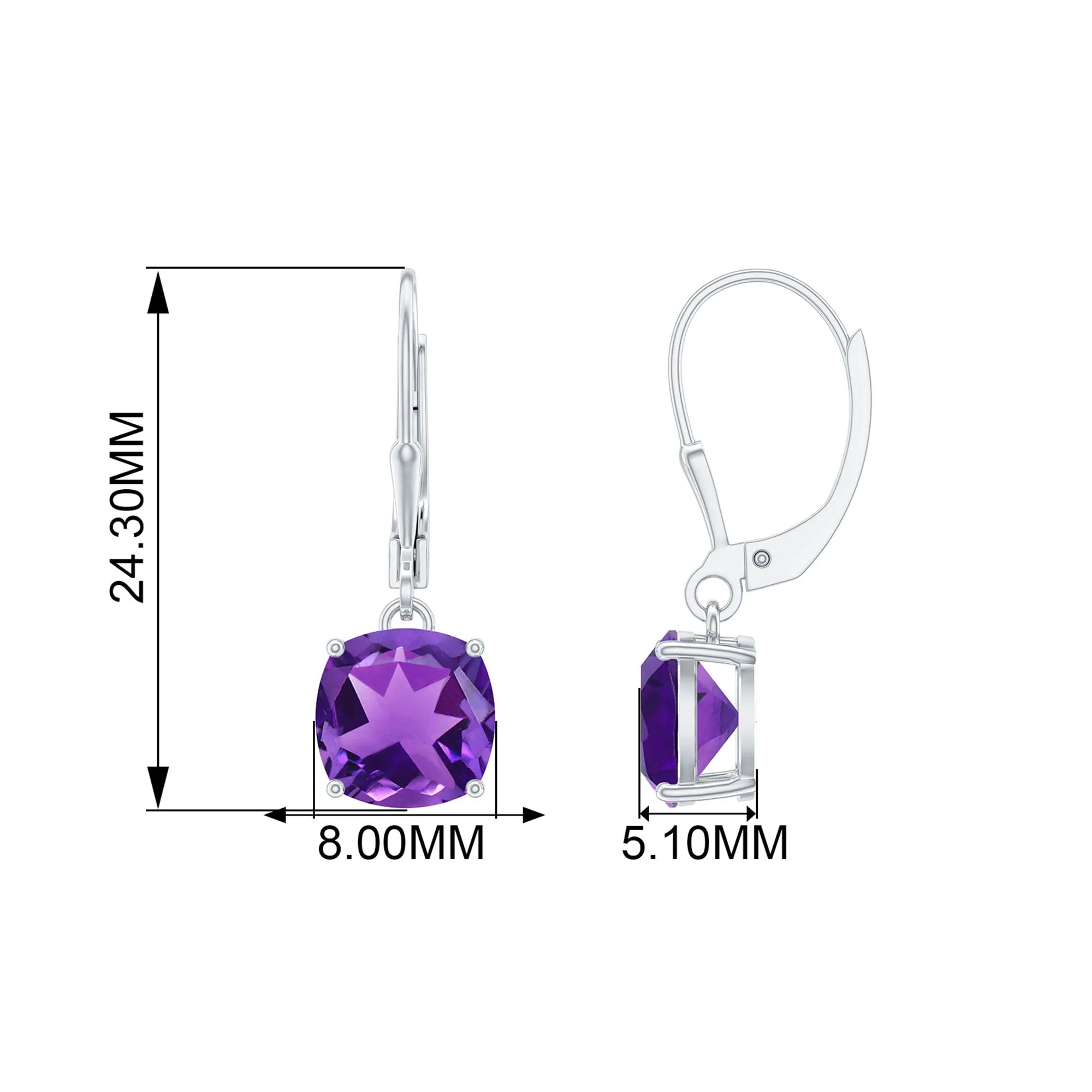 8 MM Cushion Cut Amethyst Solitaire Drop Earrings with Lever Back