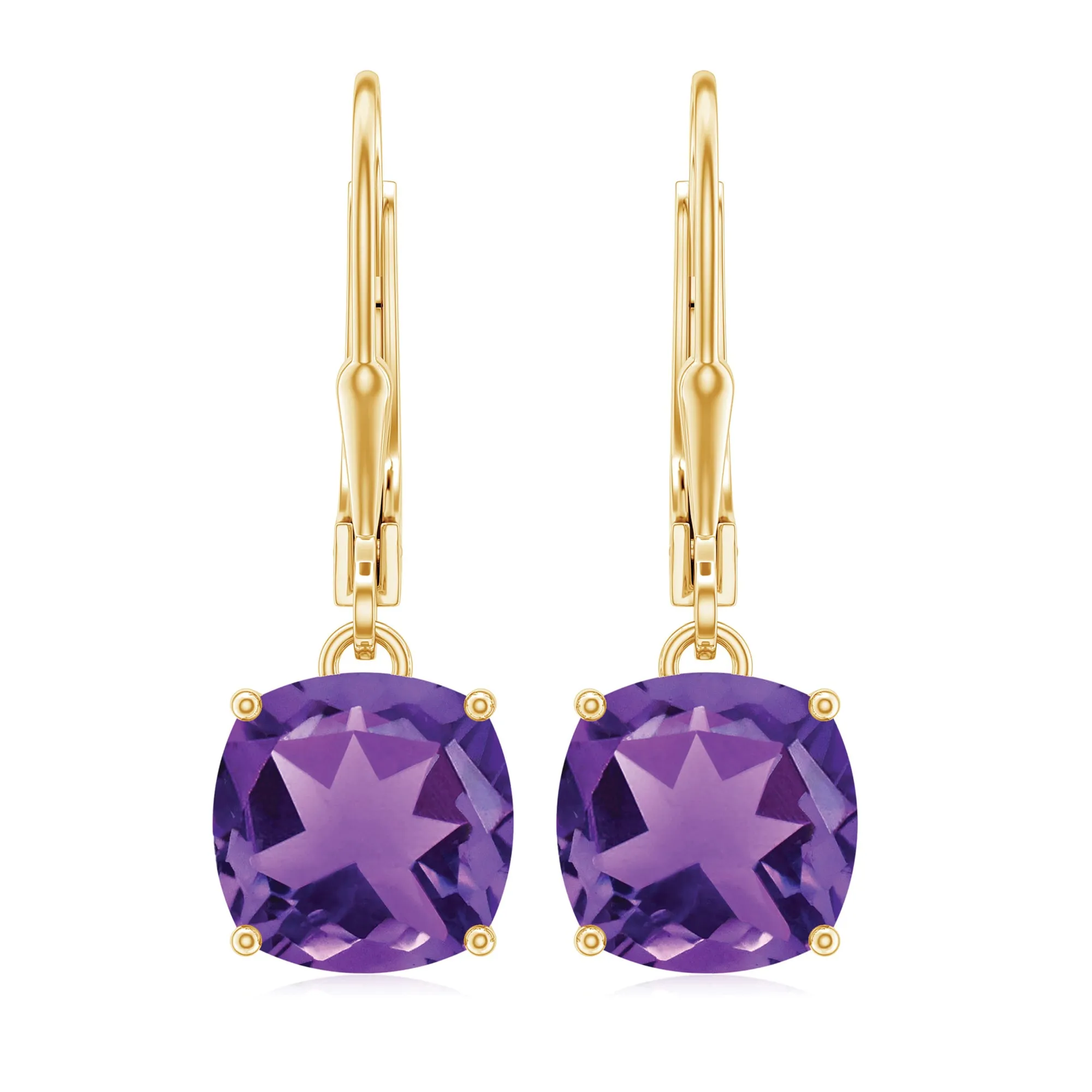 8 MM Cushion Cut Amethyst Solitaire Drop Earrings with Lever Back