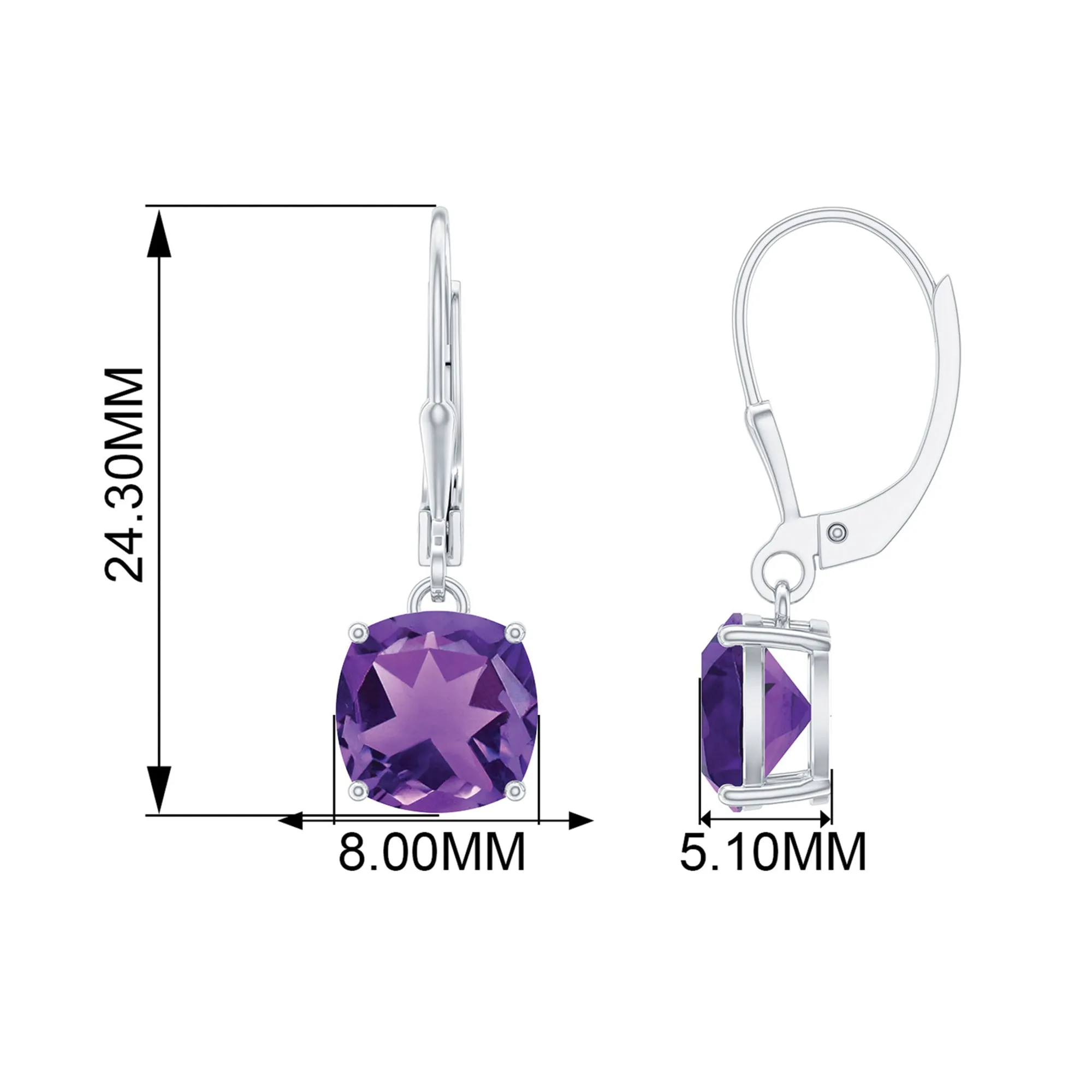 8 MM Cushion Cut Amethyst Solitaire Drop Earrings with Lever Back