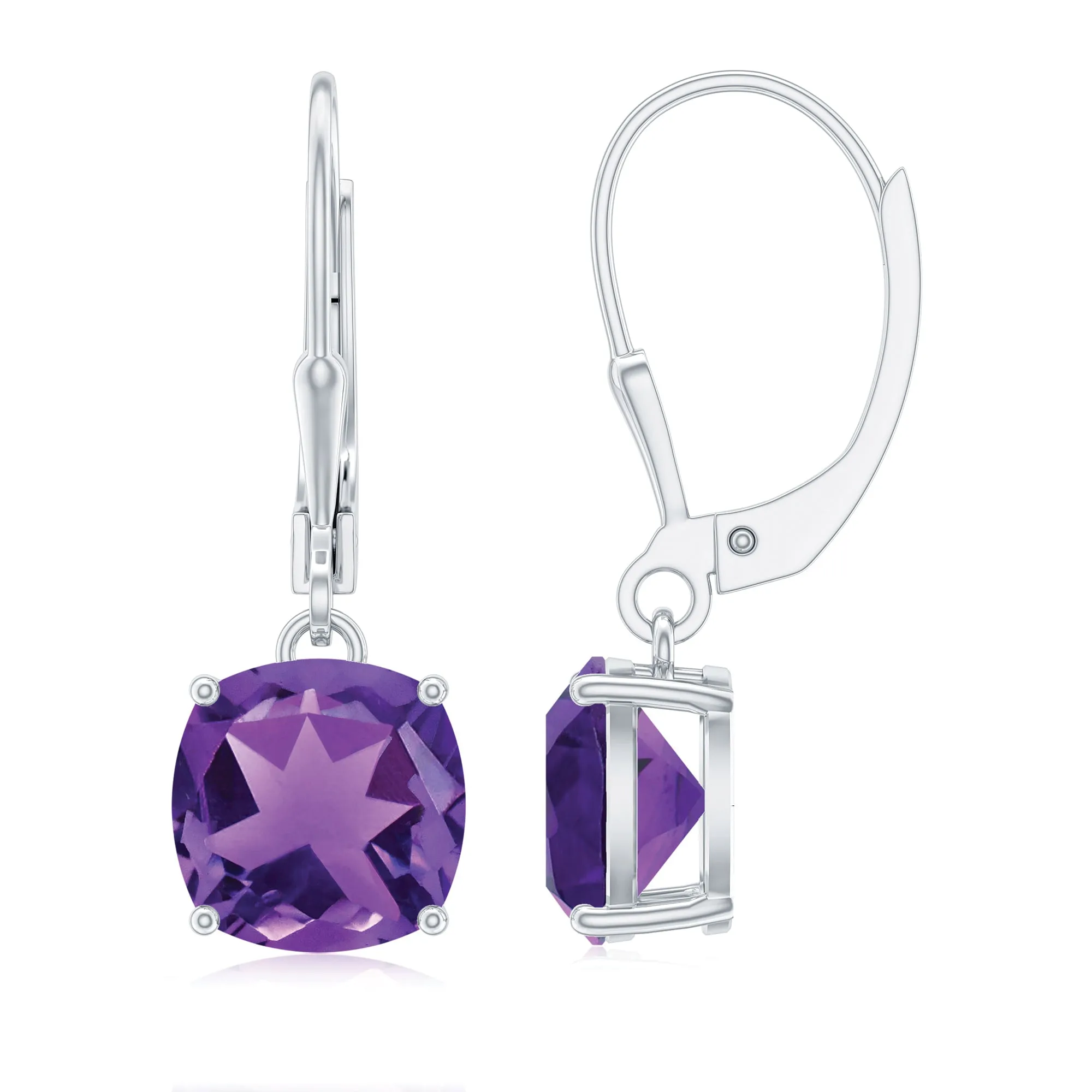 8 MM Cushion Cut Amethyst Solitaire Drop Earrings with Lever Back