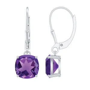 8 MM Cushion Cut Amethyst Solitaire Drop Earrings with Lever Back