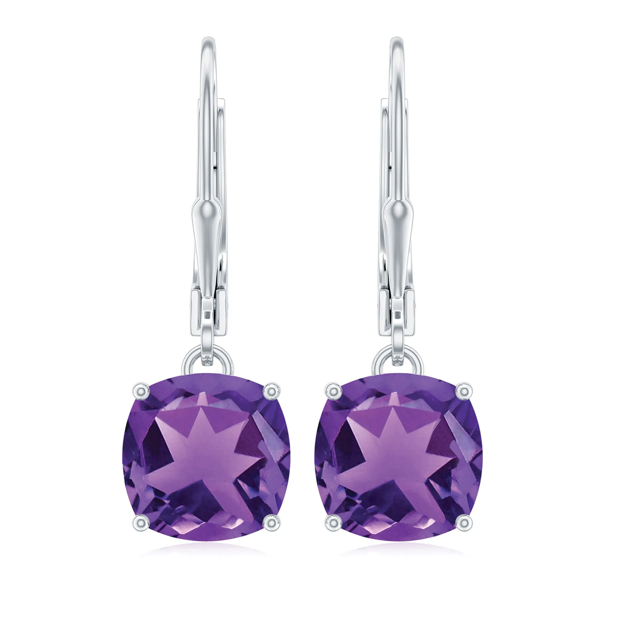 8 MM Cushion Cut Amethyst Solitaire Drop Earrings with Lever Back