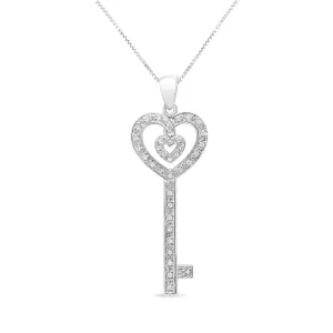 .925 Sterling Silver 1/5 Cttw Round-Cut Diamond Double Heart & Key 18" Pendant Necklace (I-J Color, I3 Clarity)