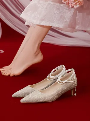 Advbridge Bridal Wedding Bridesmaid Shoes Crystal High Heels Women's Bandage Middle Heel French Wedding Dress Shoes Pearl Single Shoes