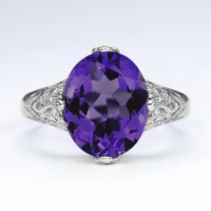 AMETHYST VINTAGE STYLE COCKTAIL RING STERLING SILVER OVAL CUT FILIGREE ART DECO