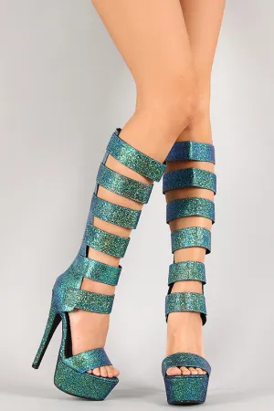 Anne Michelle Iridescent Strappy Open Toe Knee High Heel