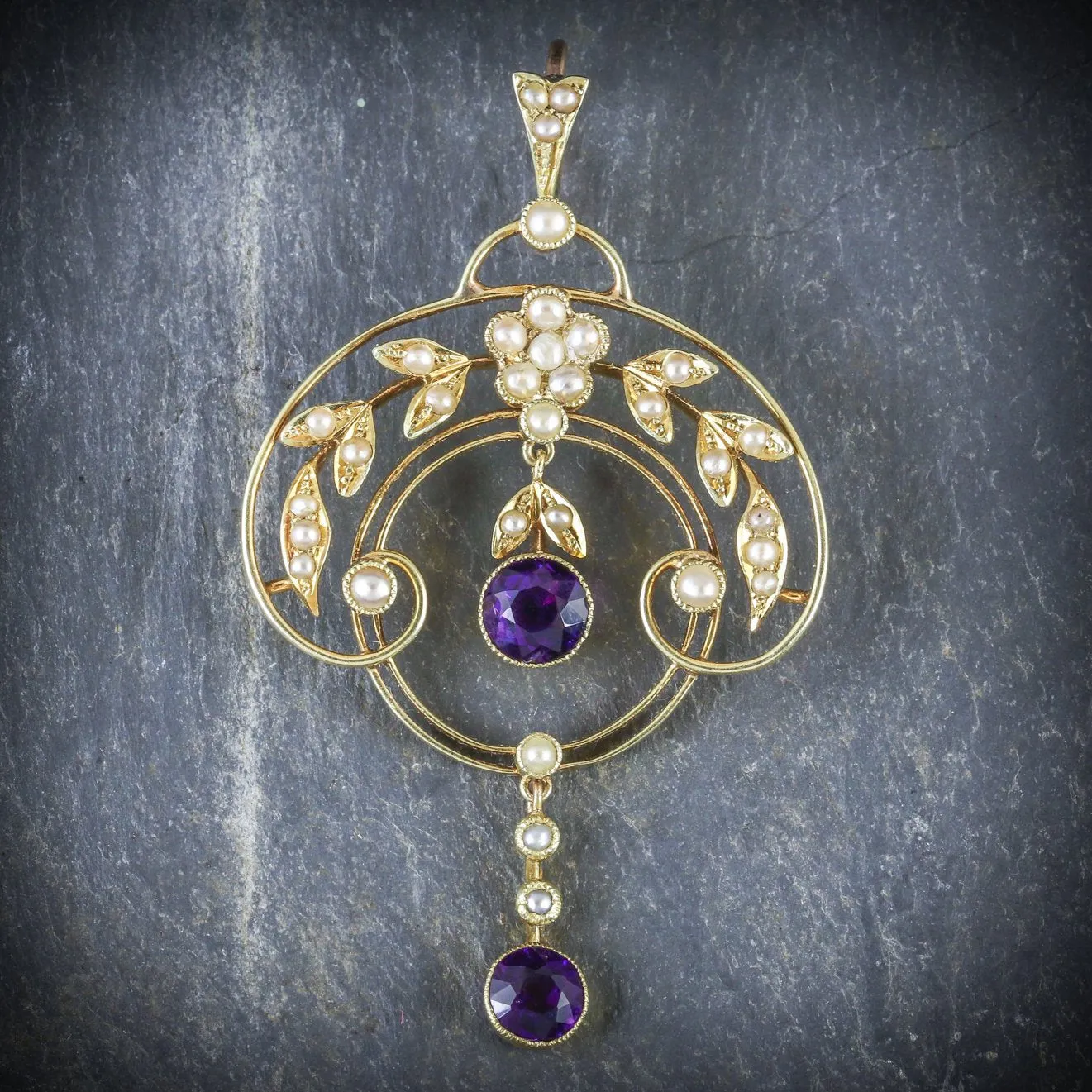 Antique Edwardian Amethyst Pearl Pendant 15Ct Gold Circa 1910