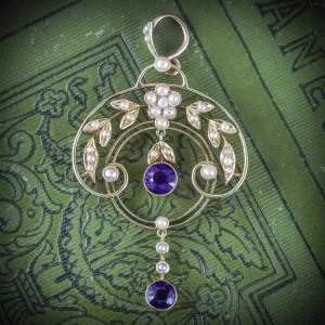 Antique Edwardian Amethyst Pearl Pendant 15Ct Gold Circa 1910