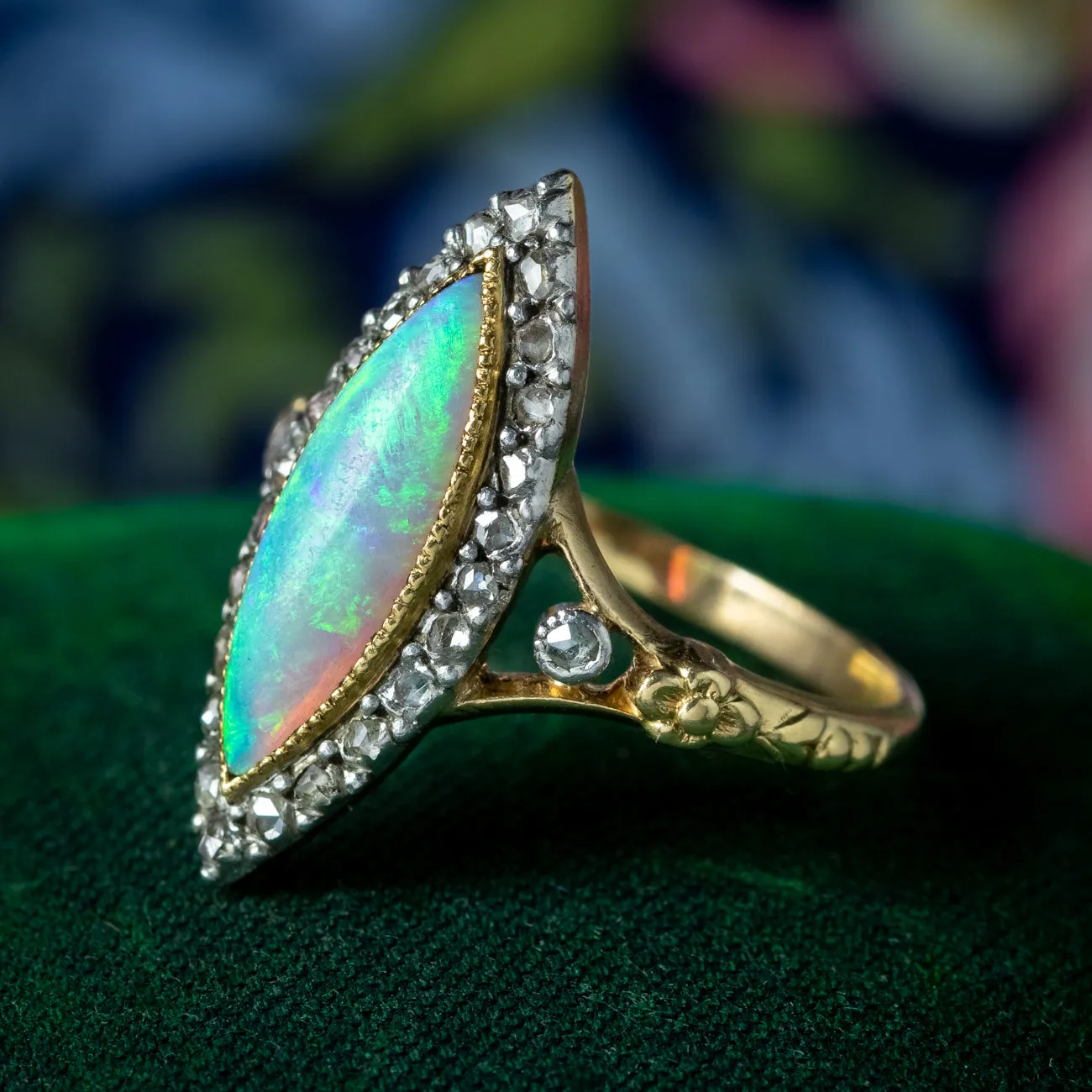 Antique Victorian French Opal Diamond Navette Ring 2.5ct Opal