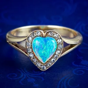 Antique Victorian Opal Diamond Heart Cluster Ring 0.90ct Opal