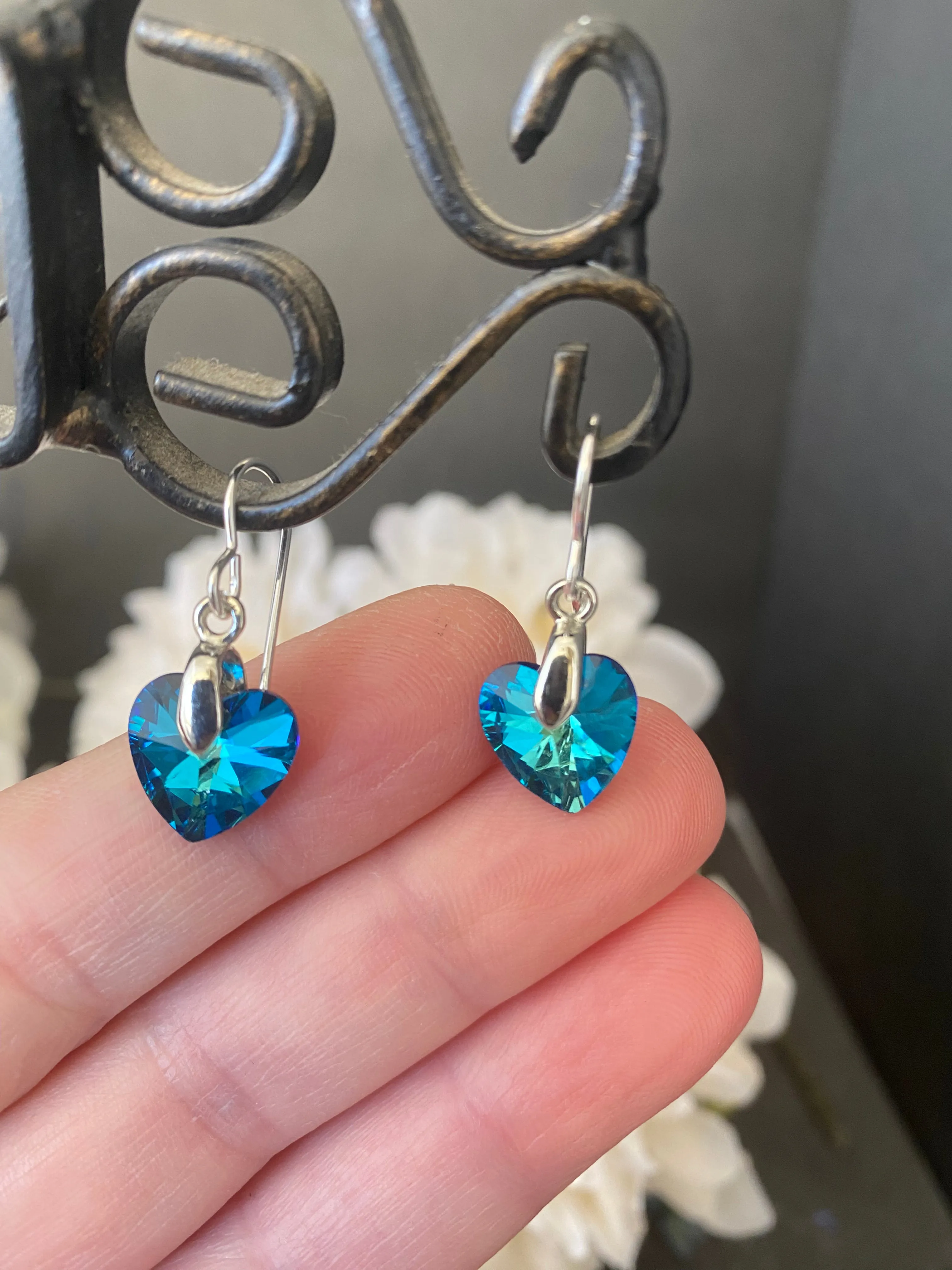 Blue crystal Silver heart charm and silver metal, earrings, jewelry.