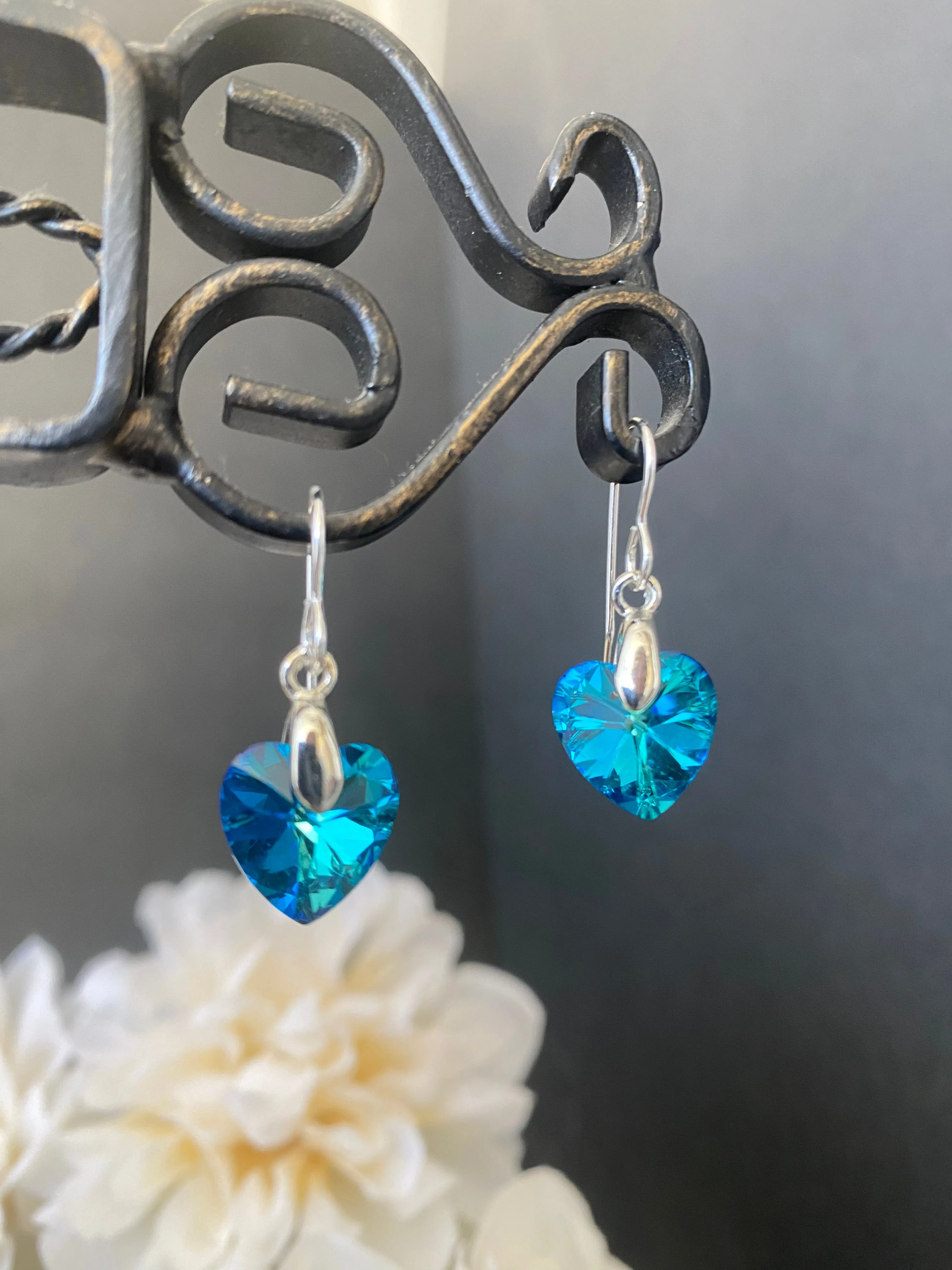 Blue crystal Silver heart charm and silver metal, earrings, jewelry.