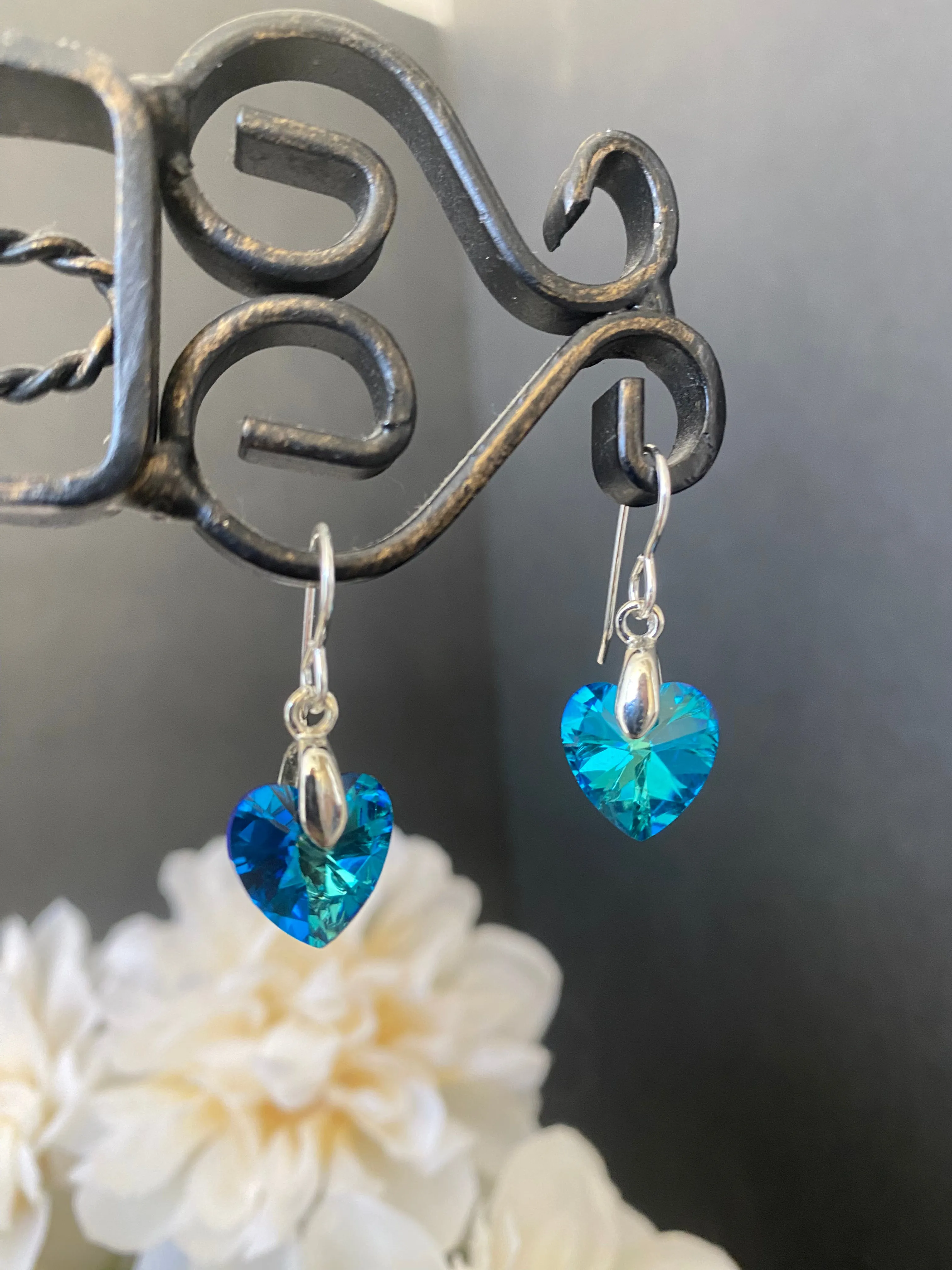 Blue crystal Silver heart charm and silver metal, earrings, jewelry.