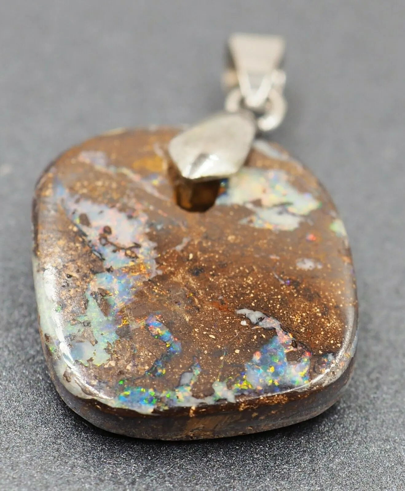 Boulder 18ct White Gold Plated Opal Pendant with Flashes of Red, Blue & Green