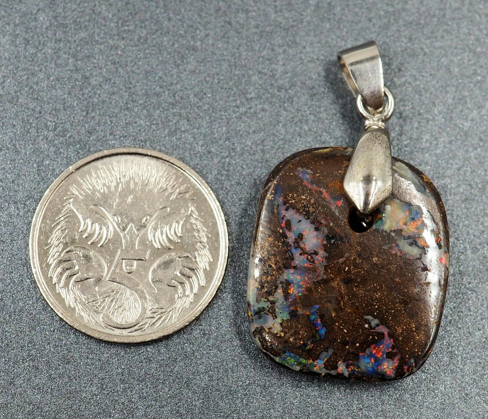 Boulder 18ct White Gold Plated Opal Pendant with Flashes of Red, Blue & Green