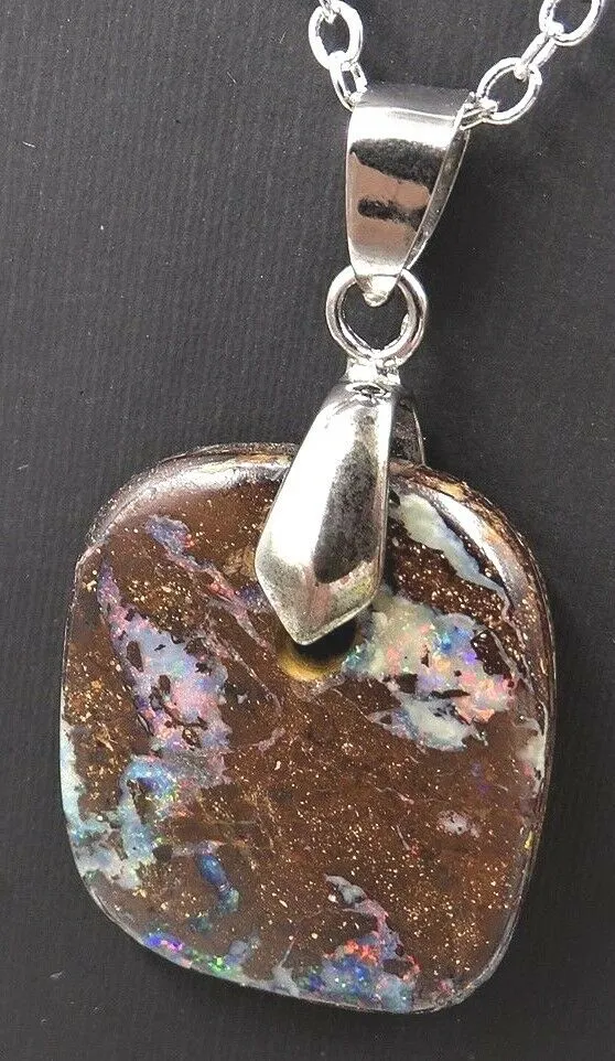 Boulder 18ct White Gold Plated Opal Pendant with Flashes of Red, Blue & Green