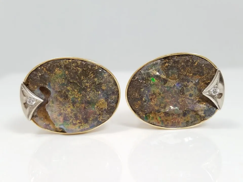 Decorative 14k Yellow Gold Natural Boulder Opal Diamond Cufflinks