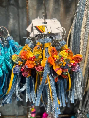 Denim Fringe Flower Hoop Earrings - Multi