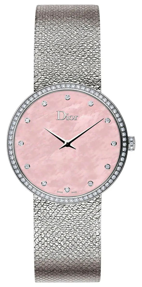 Dior La D de Dior Satine Stainless Steel Mesh Pink Mother-Of-Pearl Dial Diamonds Quartz Womens Watch CD043115M002