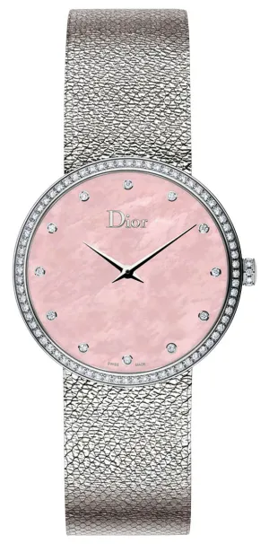 Dior La D de Dior Satine Stainless Steel Mesh Pink Mother-Of-Pearl Dial Diamonds Quartz Womens Watch CD043115M002