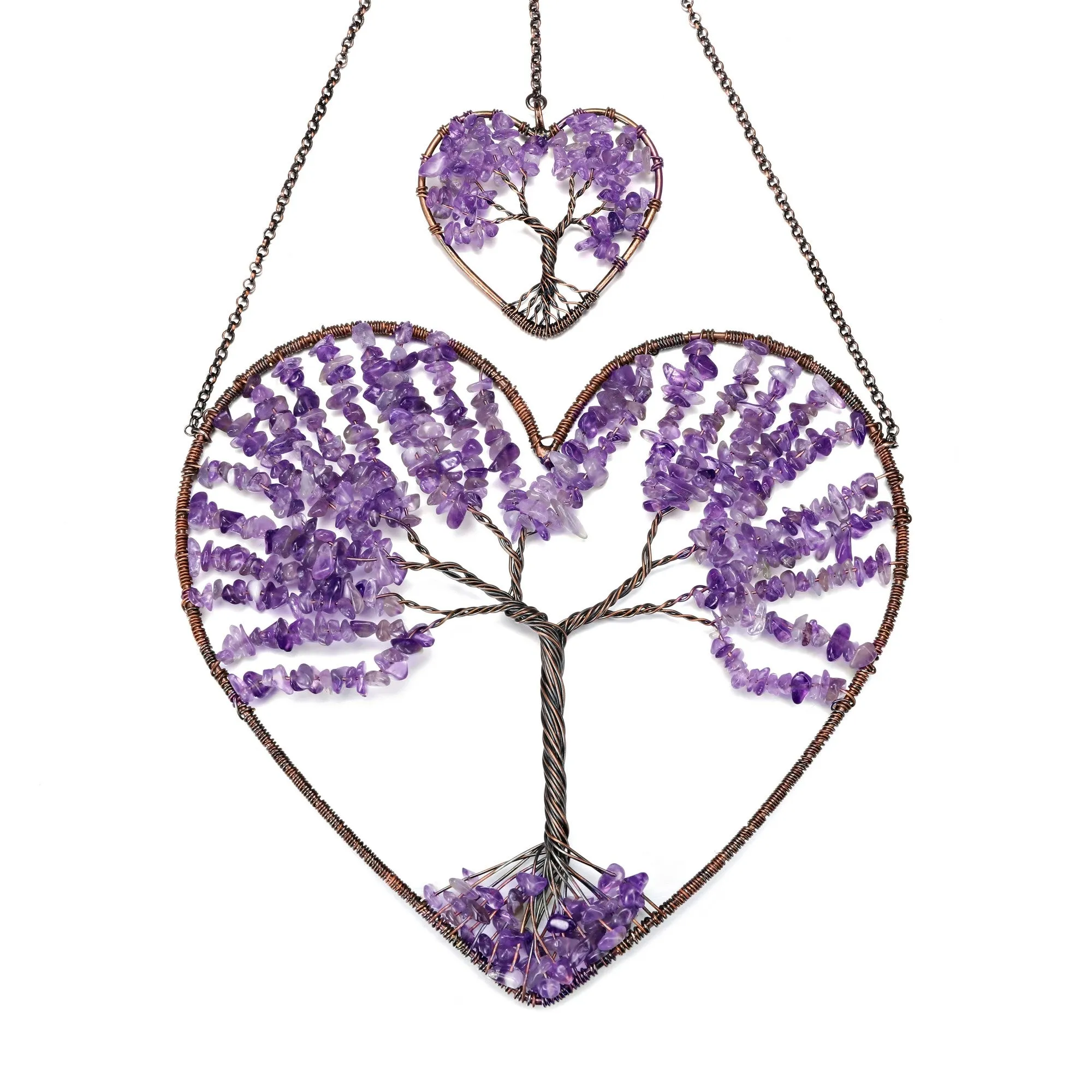 Double Heart Natural Crystals Tree of Life Hanging Ornament | Jovivi