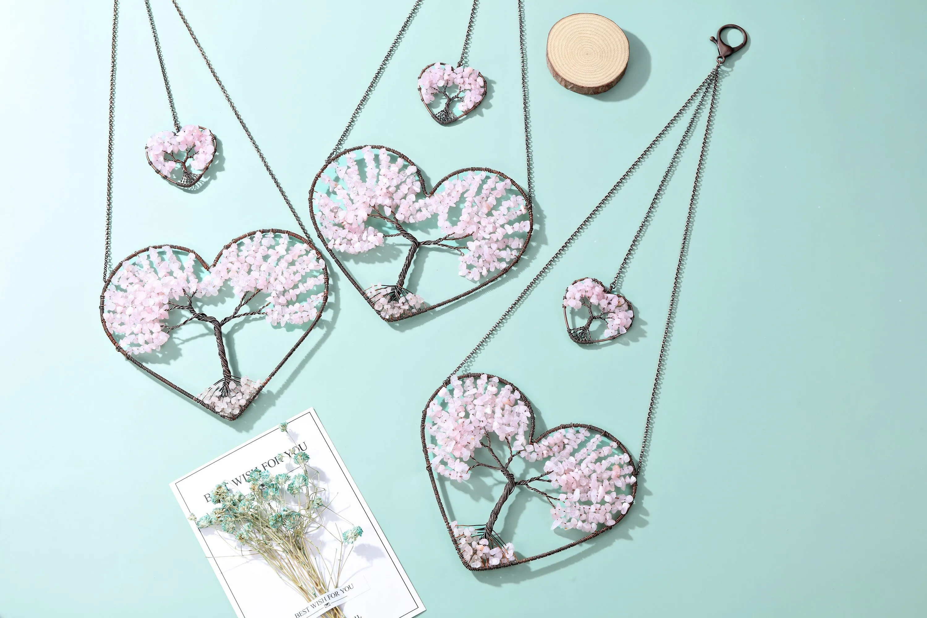 Double Heart Natural Crystals Tree of Life Hanging Ornament | Jovivi