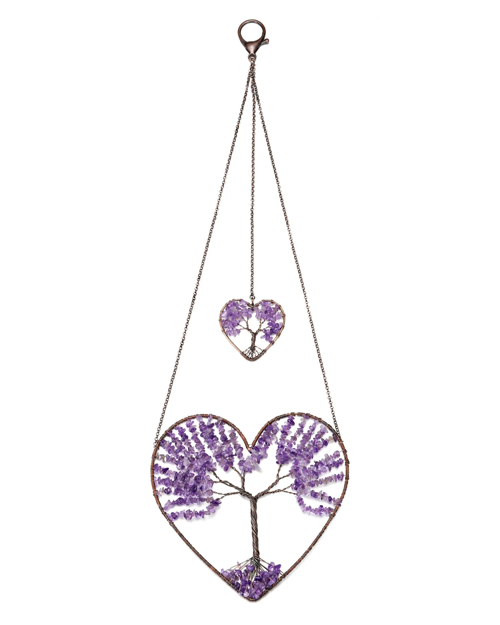 Double Heart Natural Crystals Tree of Life Hanging Ornament | Jovivi