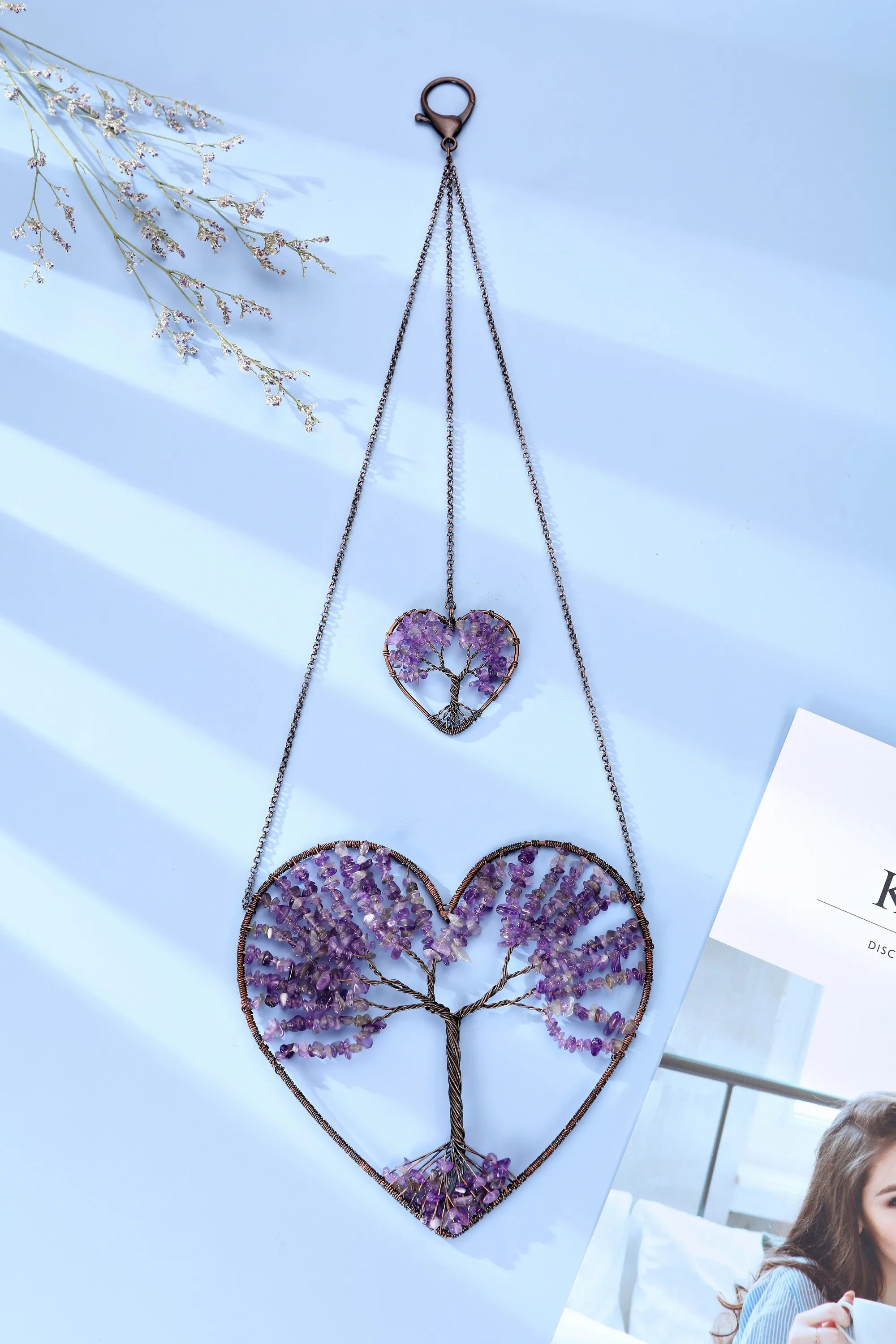 Double Heart Natural Crystals Tree of Life Hanging Ornament | Jovivi