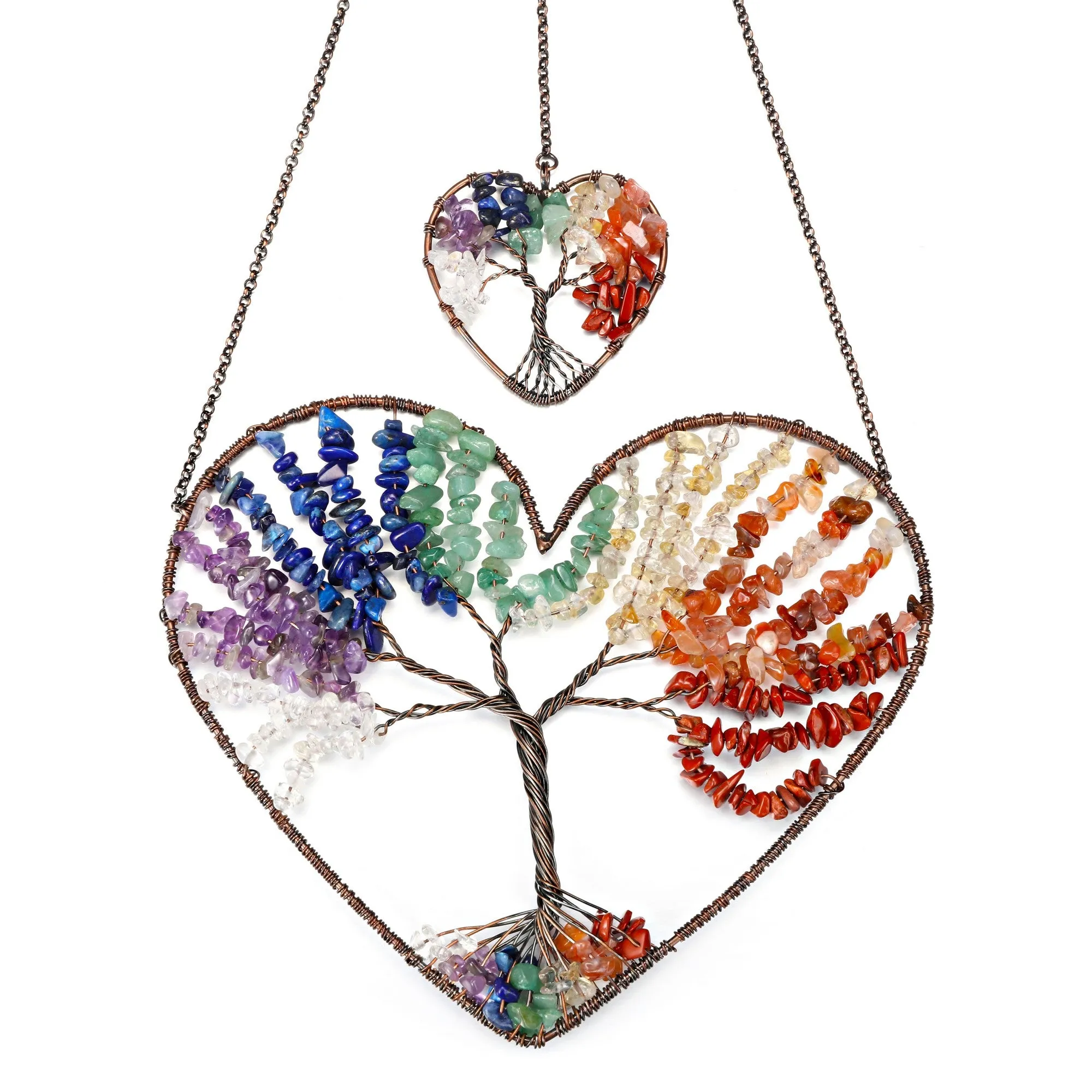 Double Heart Natural Crystals Tree of Life Hanging Ornament | Jovivi