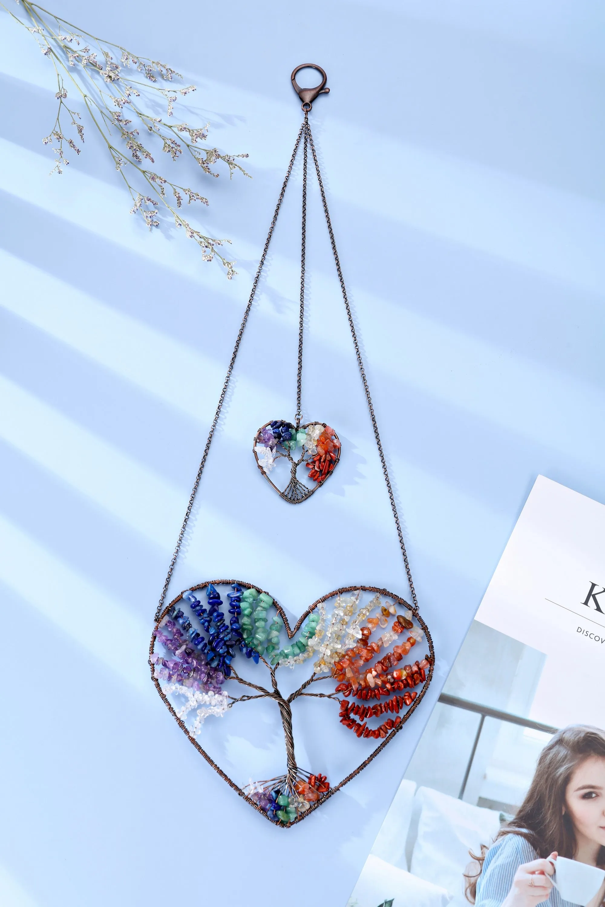 Double Heart Natural Crystals Tree of Life Hanging Ornament | Jovivi