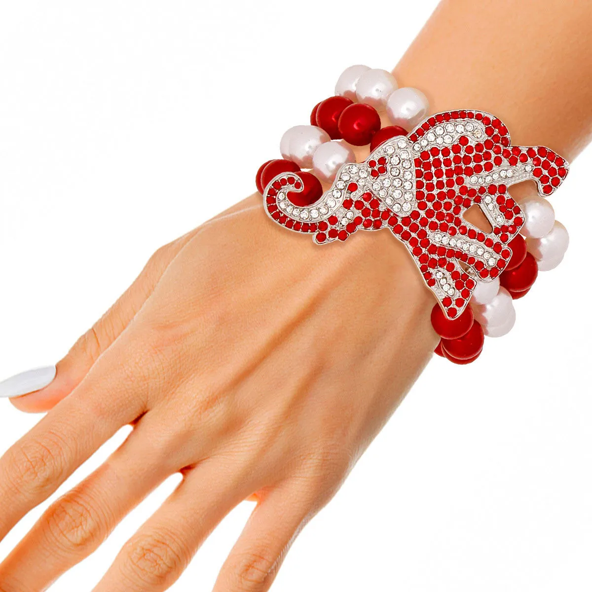 DST Inspired Red White Pearl 4 Strand Elephant Bracelet