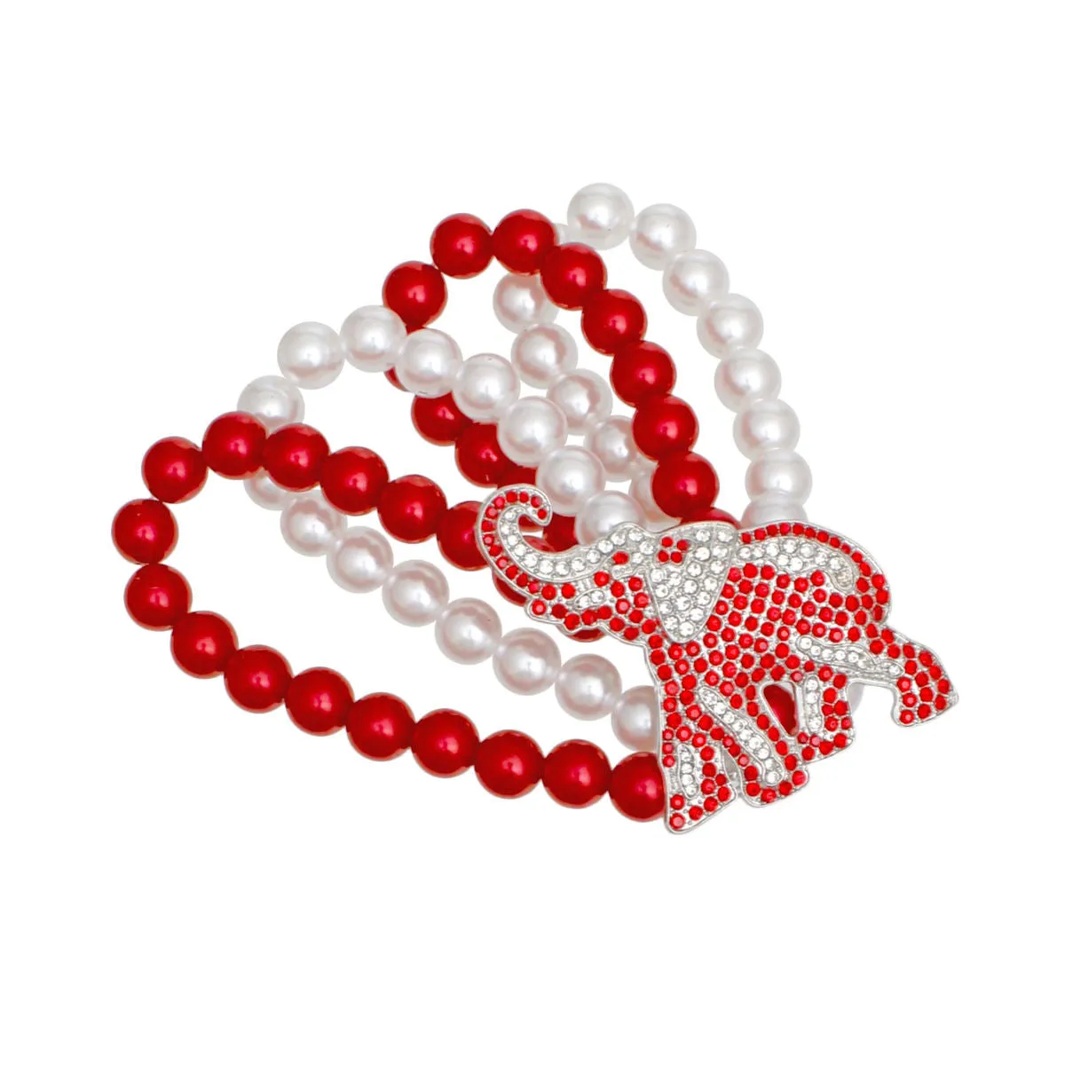 DST Inspired Red White Pearl 4 Strand Elephant Bracelet