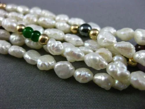 ESTATE LONG 14K YELLOW GOLD & SILVER PEARL MULTI GEM BY THE YARD NECKLACE #25366