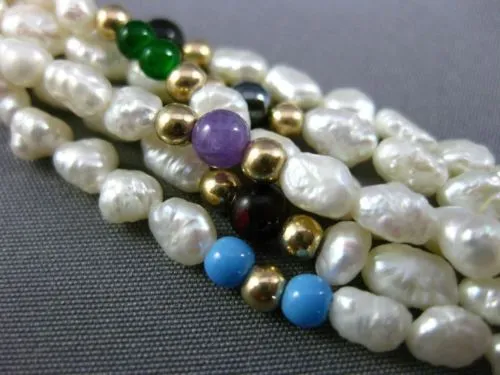 ESTATE LONG 14K YELLOW GOLD & SILVER PEARL MULTI GEM BY THE YARD NECKLACE #25366