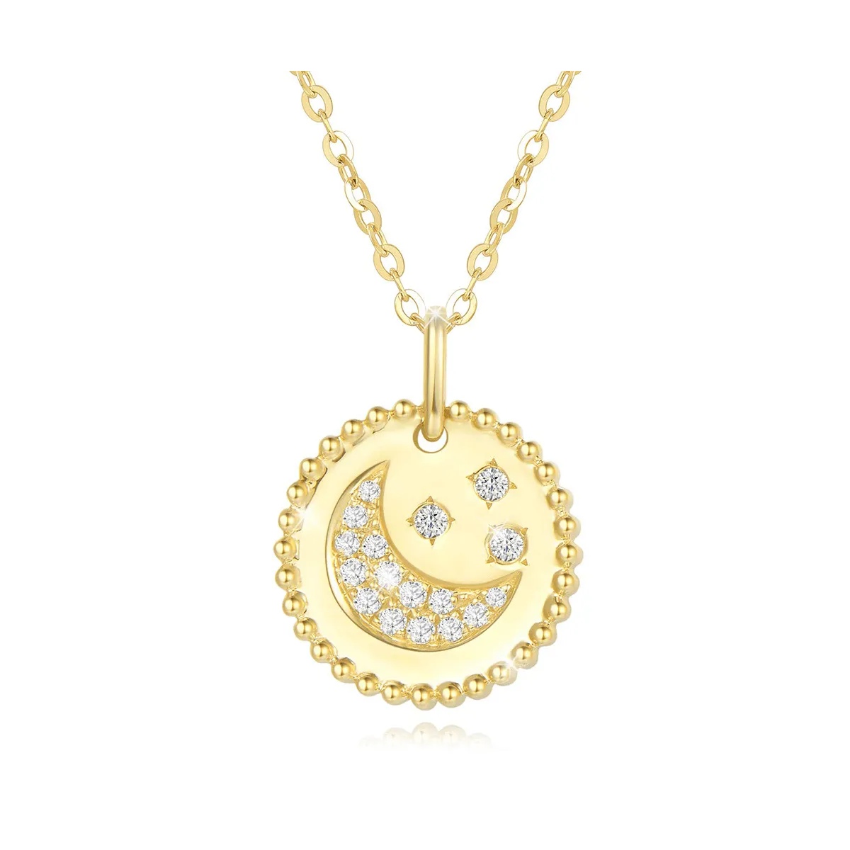 FANCIME Moon Star Round Disc Coin 14K Solid Gold Necklace