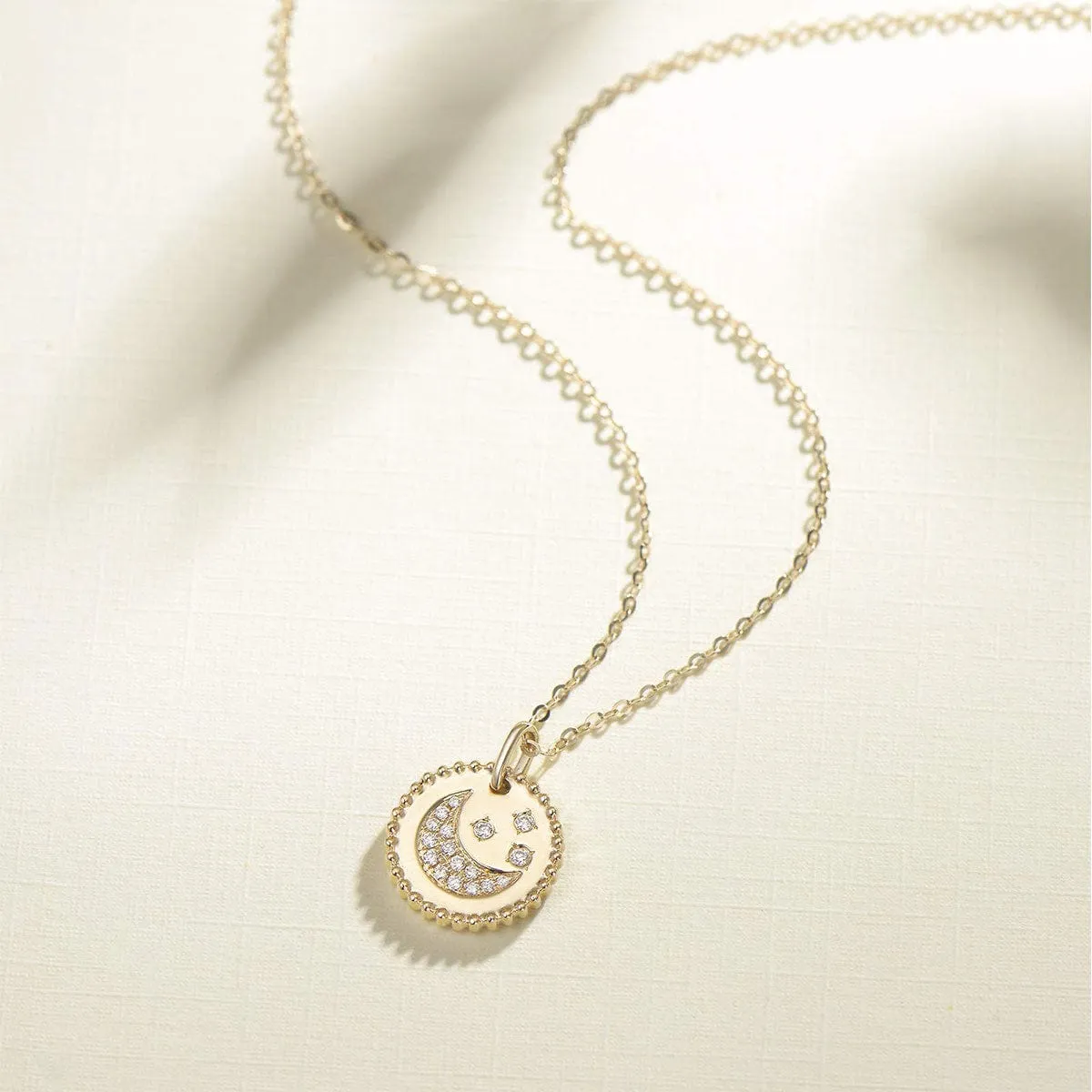 FANCIME Moon Star Round Disc Coin 14K Solid Gold Necklace